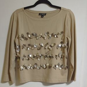 J.Crew Tan Beige Cotton Sequin 3/4 Sleeve Top Size small